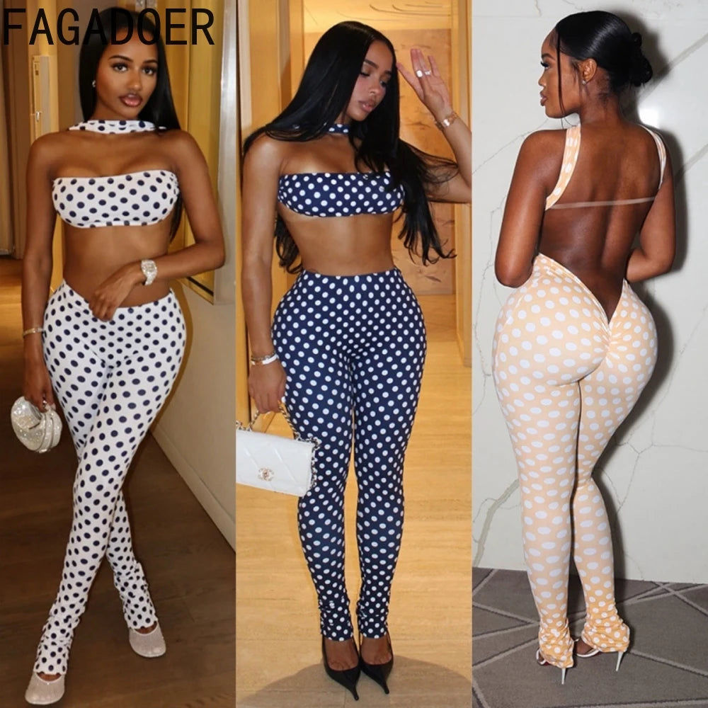 FAGADOER Fashion Polka Dot Print Two Piece Sets Women Sleeveless Backless Tube And Skinny Pants Outfits Sexy Trend Streetwear