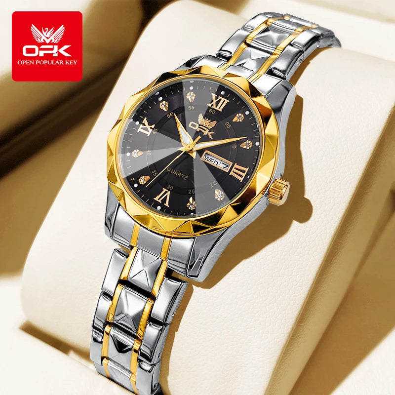 OPK Brand women's steel strip quartz watch dual calendar waterproof night light 6023