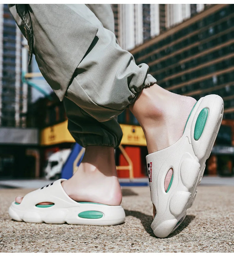 Men Thick Sole Summer Beach Slides Bathroom Anti Slip Slipper Soft Sandals Simplicity Ultra Light Letter Shoes Men Slippers