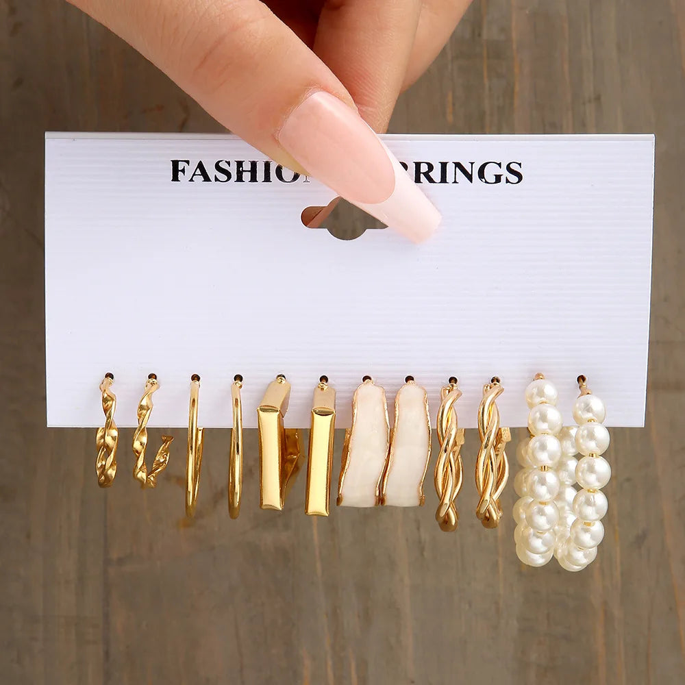 Gold Color Vintage Hoop Earrings Set for Women Boho Metal Circle Geometric Twist Pearl Dangle Earrings Trendy Jewelry Gifts 2023