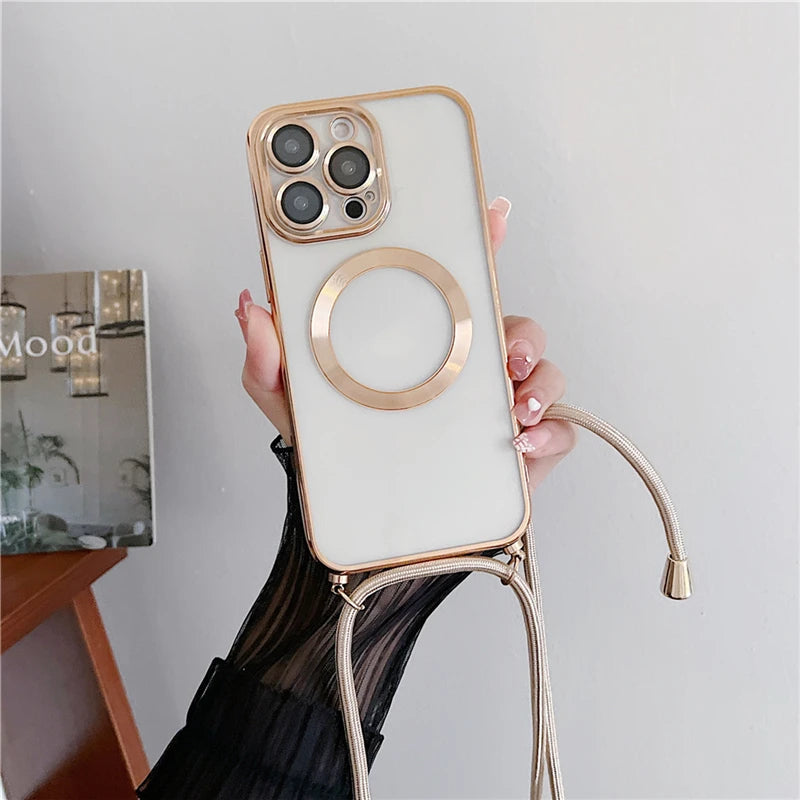 Plating Clear Magnetic For Magsafe Wireless Charging Cases For iPhone 17 16 15 14 12 13 Pro Max Crossbody Lanyard Necklace Cover