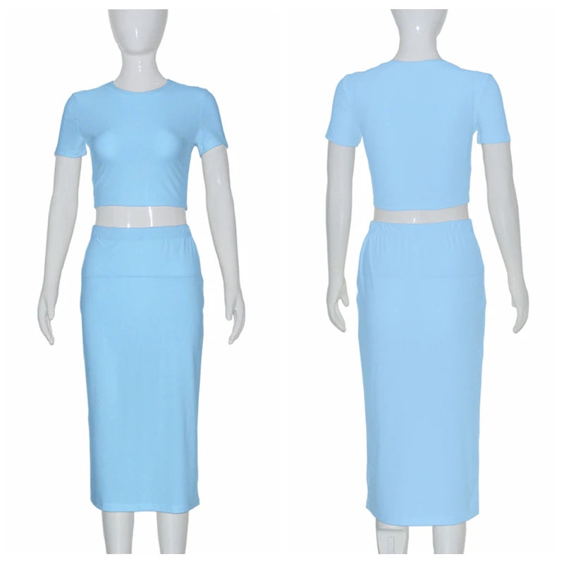 Womens Dress Sets Short Sleeve Crop Tops And Mid Calf Skirt Suit Fashion 2PCS Set Slim Office Lady Summer Suits Clothing QX2413