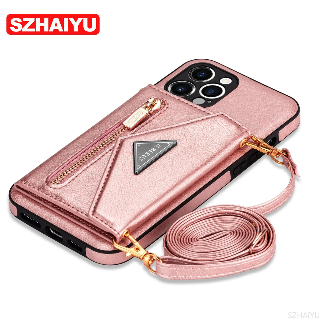 Zipper Wallet for IPhone 15 14 13 16 17 Air Pro Max 12 Mini 11 Plus Case with Card Holder Lanyard Strap Crossbody Leather Cover