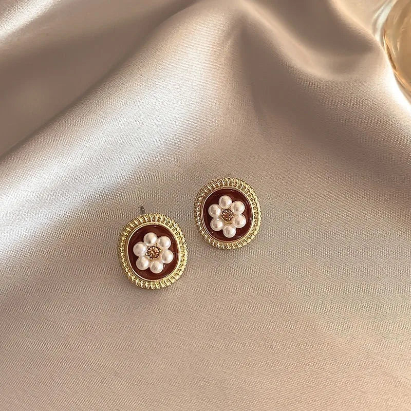 New Wine Red Velvet Rose Pearl Earrings for Women Vintage Red Rose Elegant High-end Studs Earrings Jewelry Accessories серьги