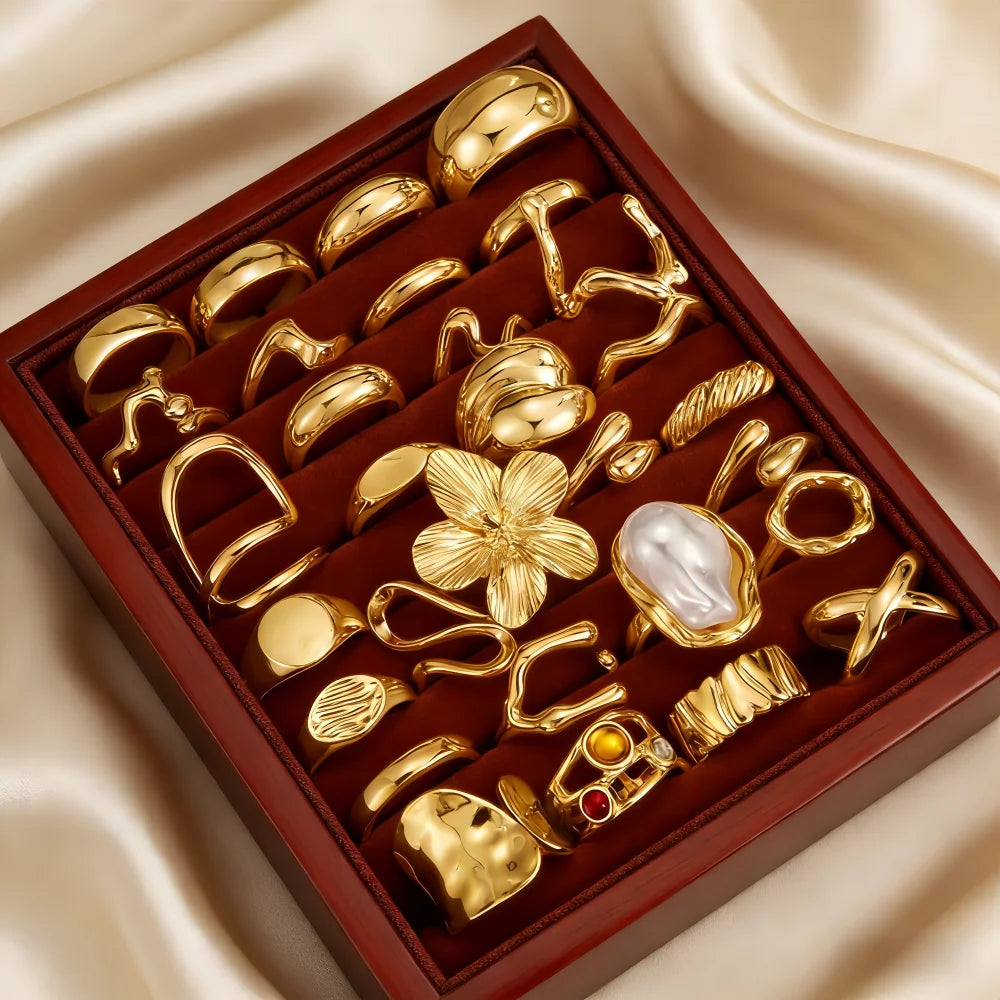 21Pcs/Lot Fashion Simple Elegant Flower Exquisite Geometry Irregular Luxury Pearl Open Rings For Women Daily Jewelry Party Gifts
