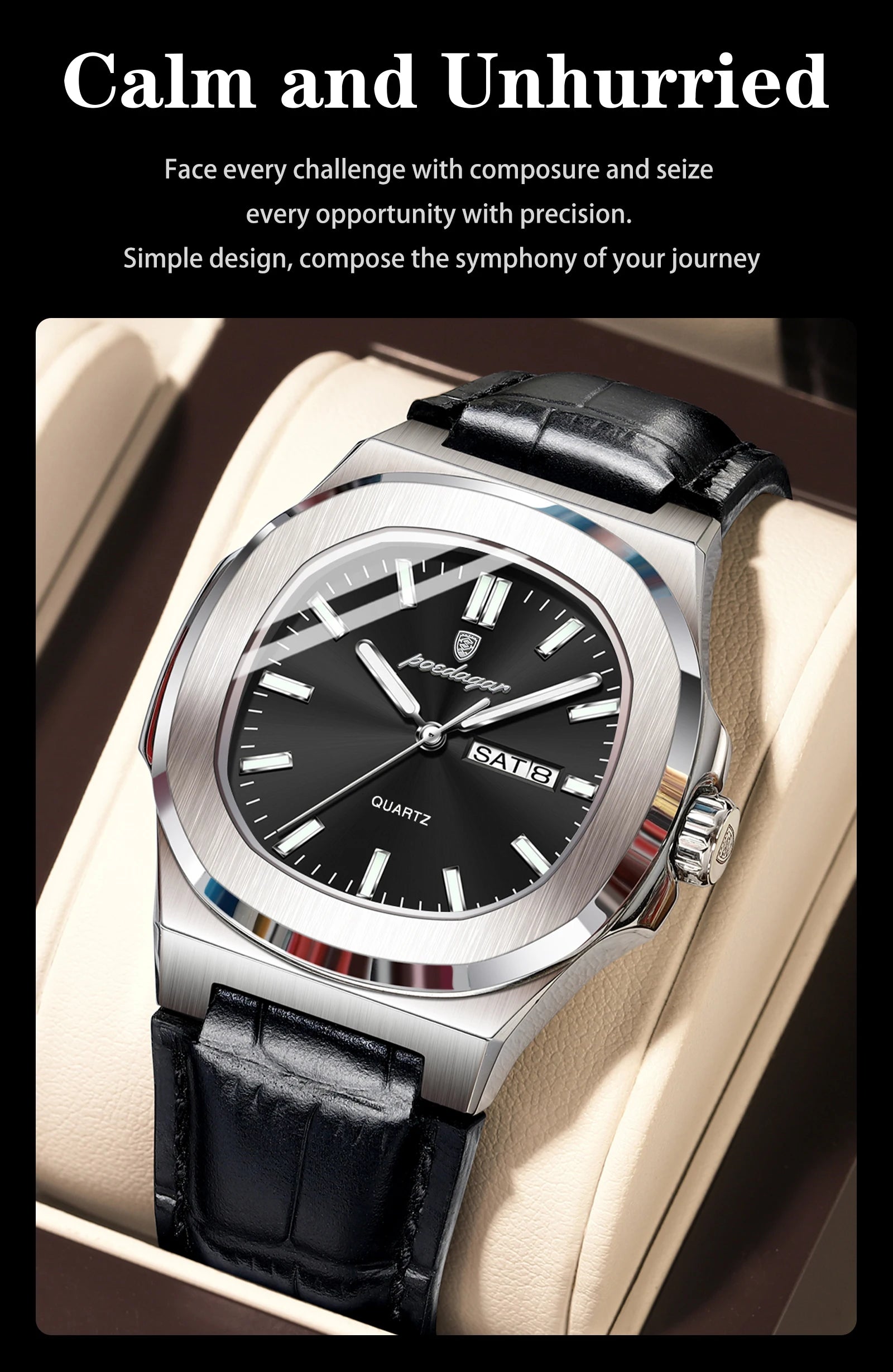 POEDAGAR Fashion Wristwatch For Boyfriend Luminous Waterproof Week Calendar Business Couple Watches Leather Luxury Men's Watches
