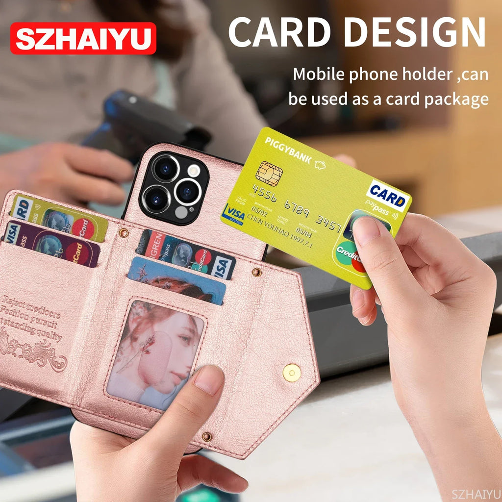 Zipper Wallet for IPhone 15 14 13 16 17 Air Pro Max 12 Mini 11 Plus Case with Card Holder Lanyard Strap Crossbody Leather Cover