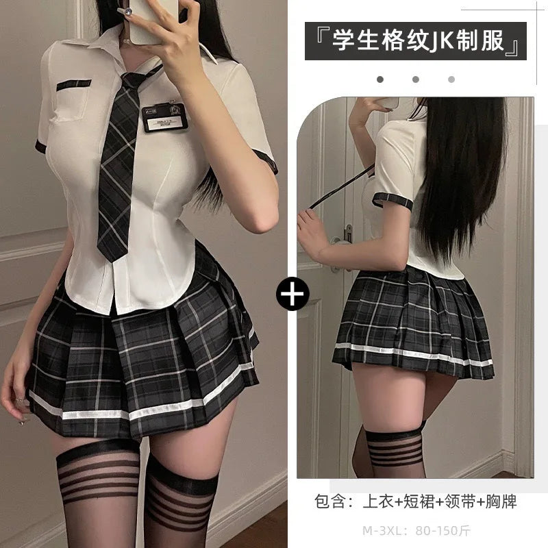 Sexy Jk Uniform Plaid Short Skirt with Bowtie Women's plus Size Polyester Blend Three Quarter Sleeve School Girl Style Dress
