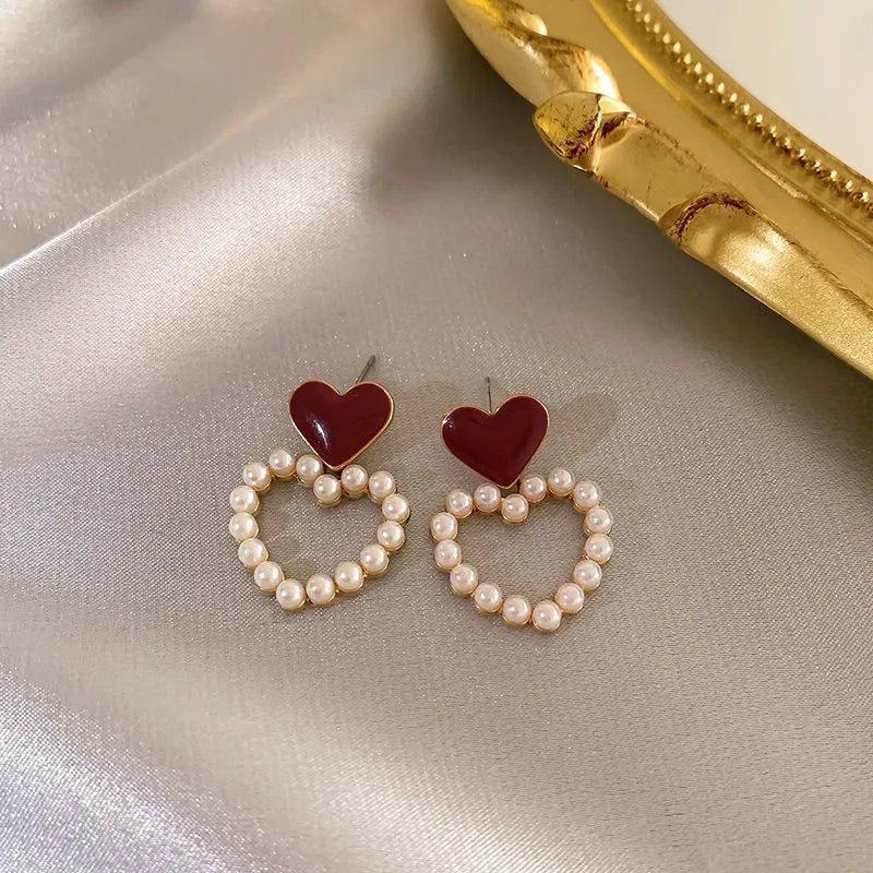 New Wine Red Velvet Rose Pearl Earrings for Women Vintage Red Rose Elegant High-end Studs Earrings Jewelry Accessories серьги
