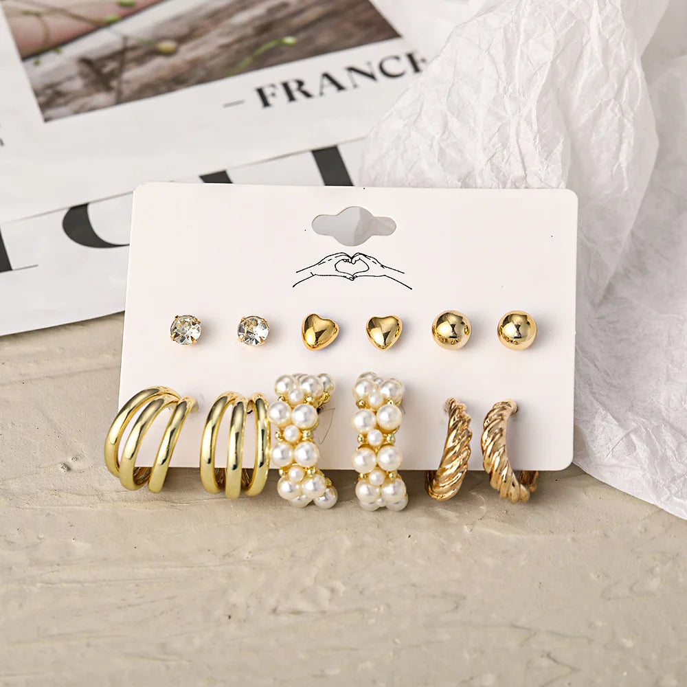 Gold Color Vintage Hoop Earrings Set for Women Boho Metal Circle Geometric Twist Pearl Dangle Earrings Trendy Jewelry Gifts 2023