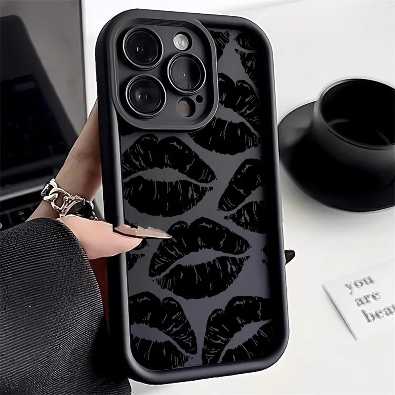 Black Lips Kiss Print Soft Matte Phone Case For iPhone 13 Case iPhone 15 16 14 13 11 12 17 Pro Max 16e XR 7 8 Plus SE Back Cover