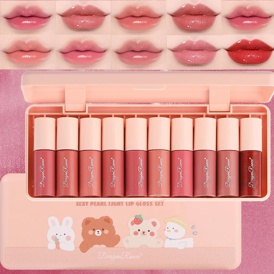 Set of 10 Fine Shimmer Lip Glosses, Easy-To-Apply Lip Glaze, Non-Stick, Non-Fading, Moisturizing, Shiny Lip Gloss, Glass Lip Gloss with Fine Shimmer and Pearlescent Effect