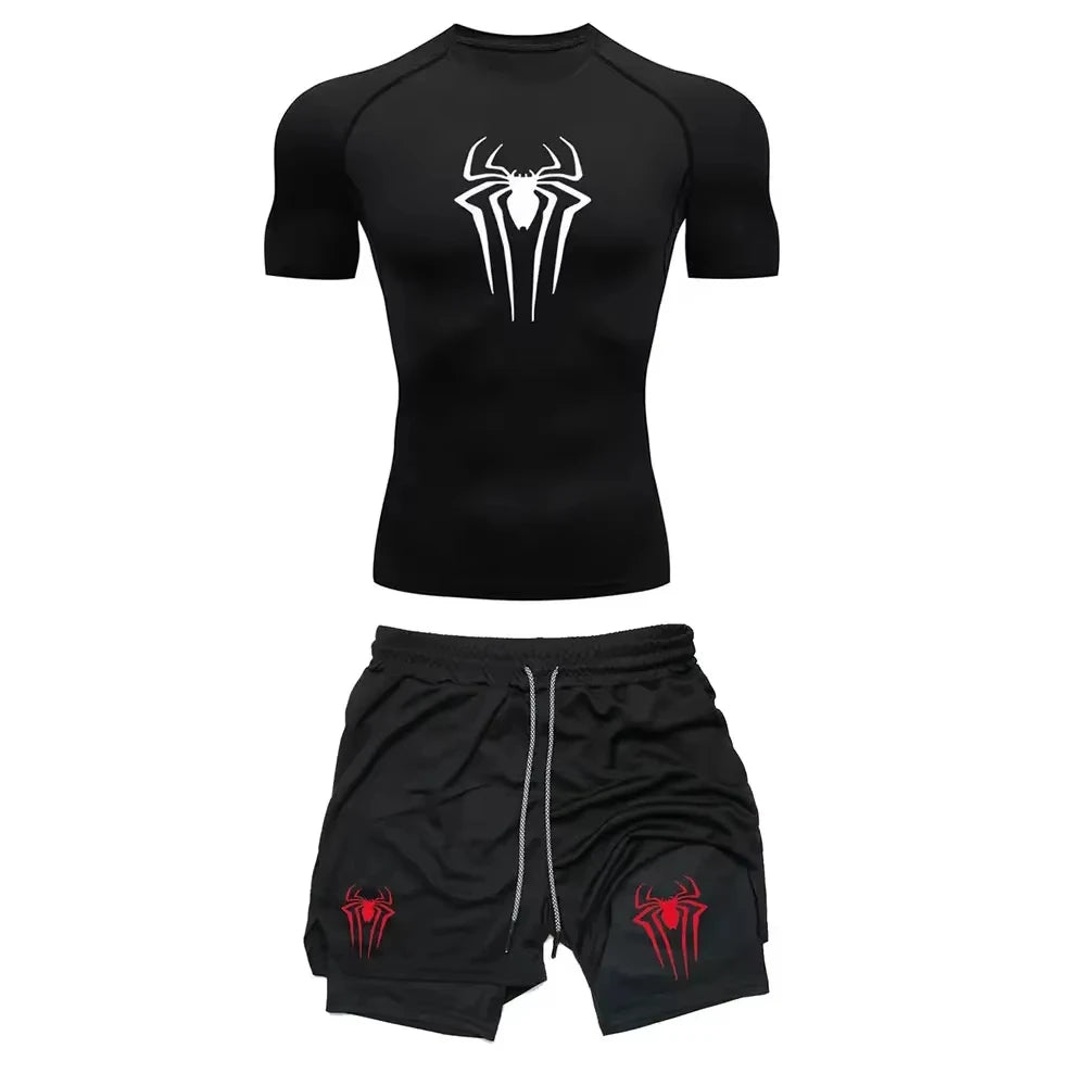 Men's Spider Graphic Workout Set Compression Top & Shorts | Quick Dry Gym Running Fitness outfit ZY0023