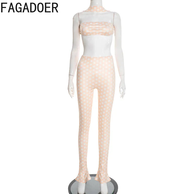 FAGADOER Fashion Polka Dot Print Two Piece Sets Women Sleeveless Backless Tube And Skinny Pants Outfits Sexy Trend Streetwear