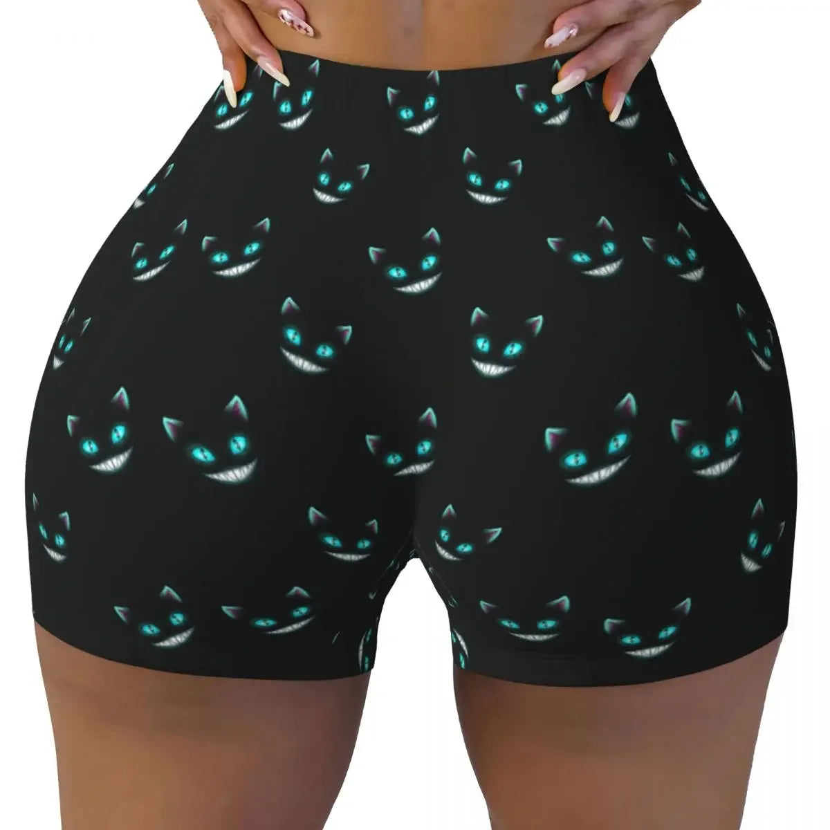 Custom Women's Trippy Striped Cat Workout Yoga Shorts Cheshire Cat Cartoon Gym Athletic Volleyball Biker Shorts