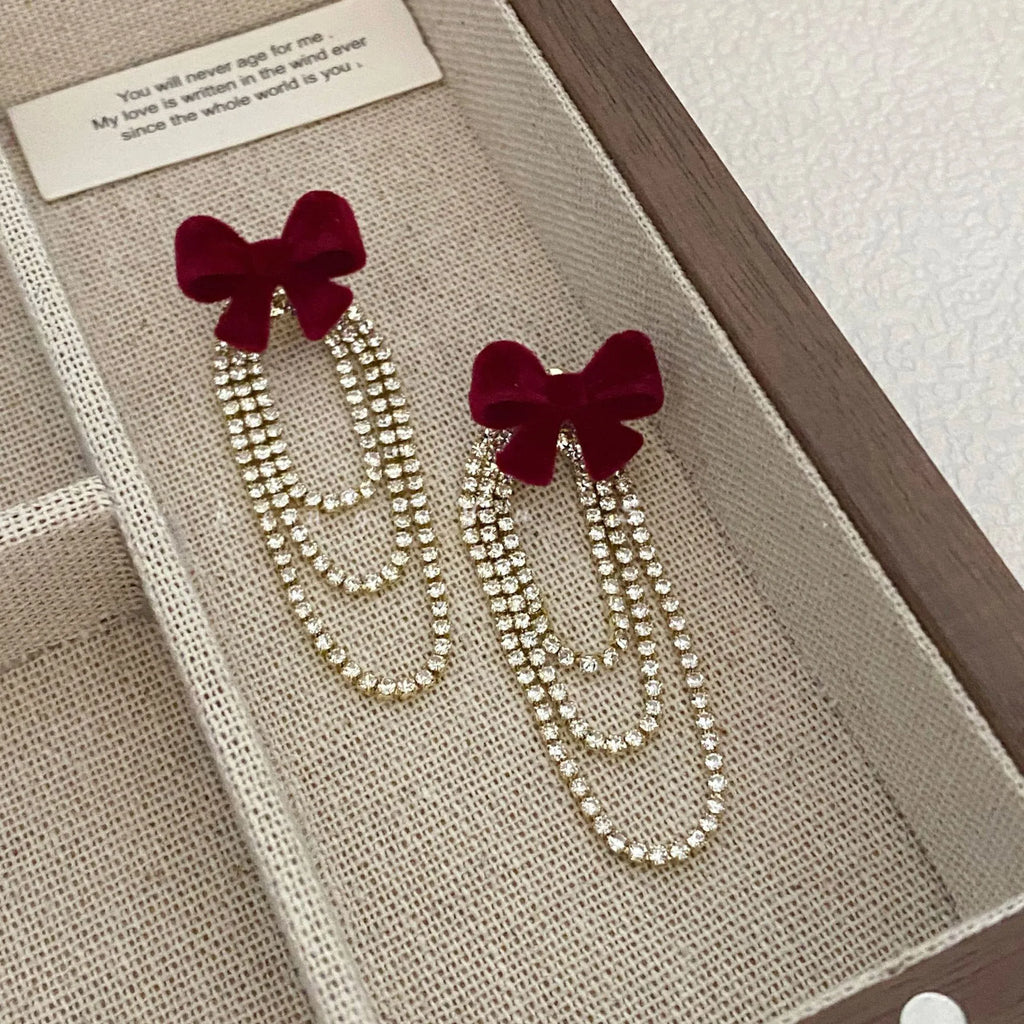 Light Luxury Rhinestone Tassel Flocked Bowknot Earrings Sweet Bow Earring For Women and Girls Party Fashion Jewelry Gifts