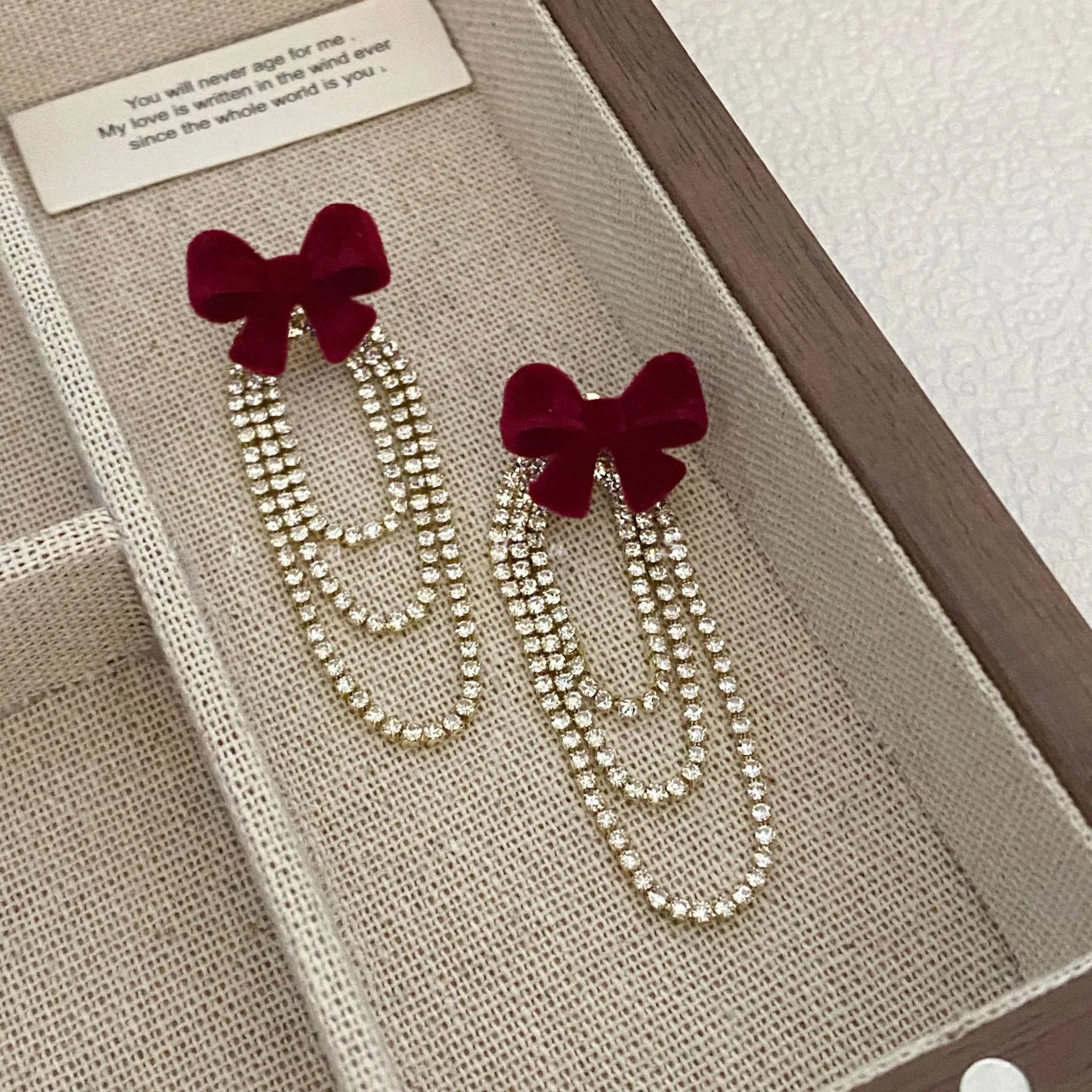 Light Luxury Rhinestone Tassel Flocked Bowknot Earrings Sweet Bow Earring For Women and Girls Party Fashion Jewelry Gifts