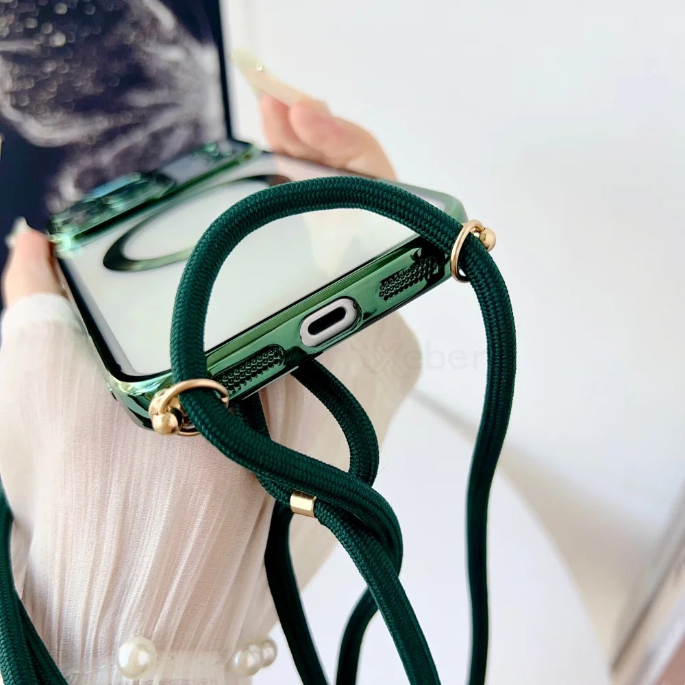 Plating Clear Magnetic For Magsafe Wireless Charging Cases For iPhone 17 16 15 14 12 13 Pro Max Crossbody Lanyard Necklace Cover