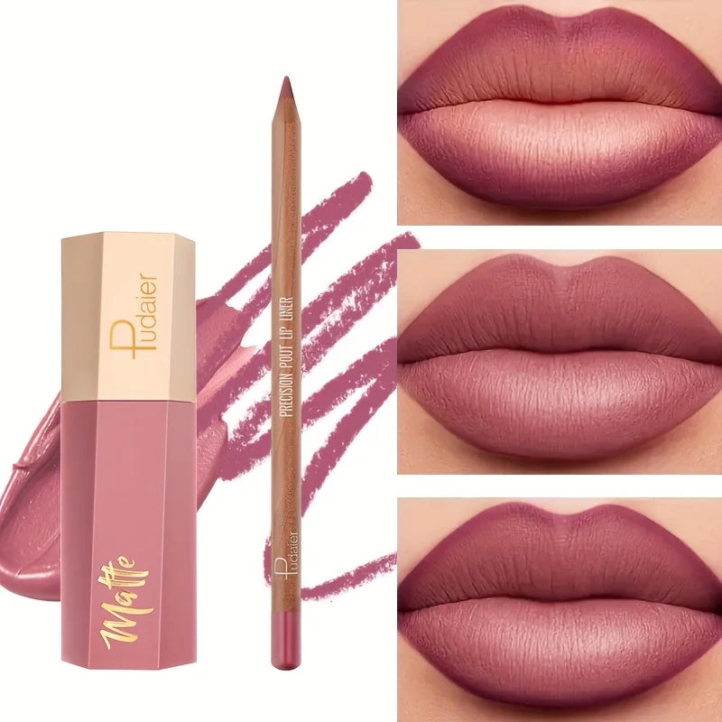 Lip Liner Pencil and Lip Gloss Combo, Velvet Finish Nude Lip Color, Waterproof Non Transfer Non Stick Cup, Long Wear Moisturizin