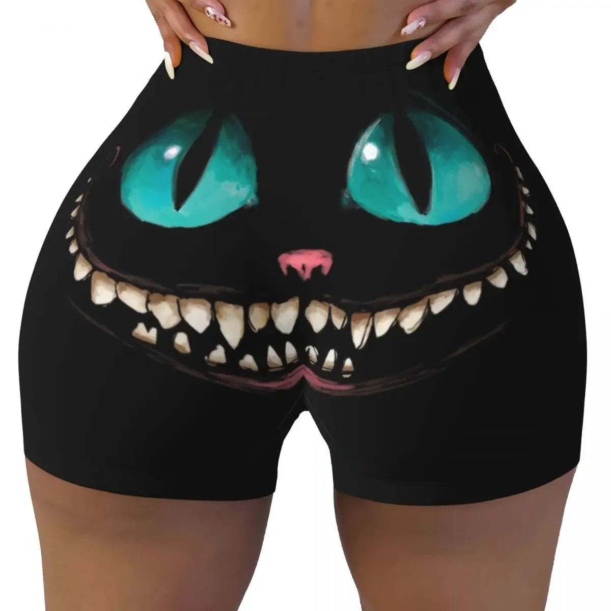 Custom Women's Trippy Striped Cat Workout Yoga Shorts Cheshire Cat Cartoon Gym Athletic Volleyball Biker Shorts
