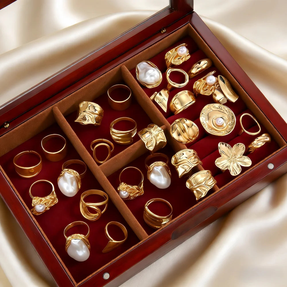 21Pcs/Lot Fashion Simple Elegant Flower Exquisite Geometry Irregular Luxury Pearl Open Rings For Women Daily Jewelry Party Gifts