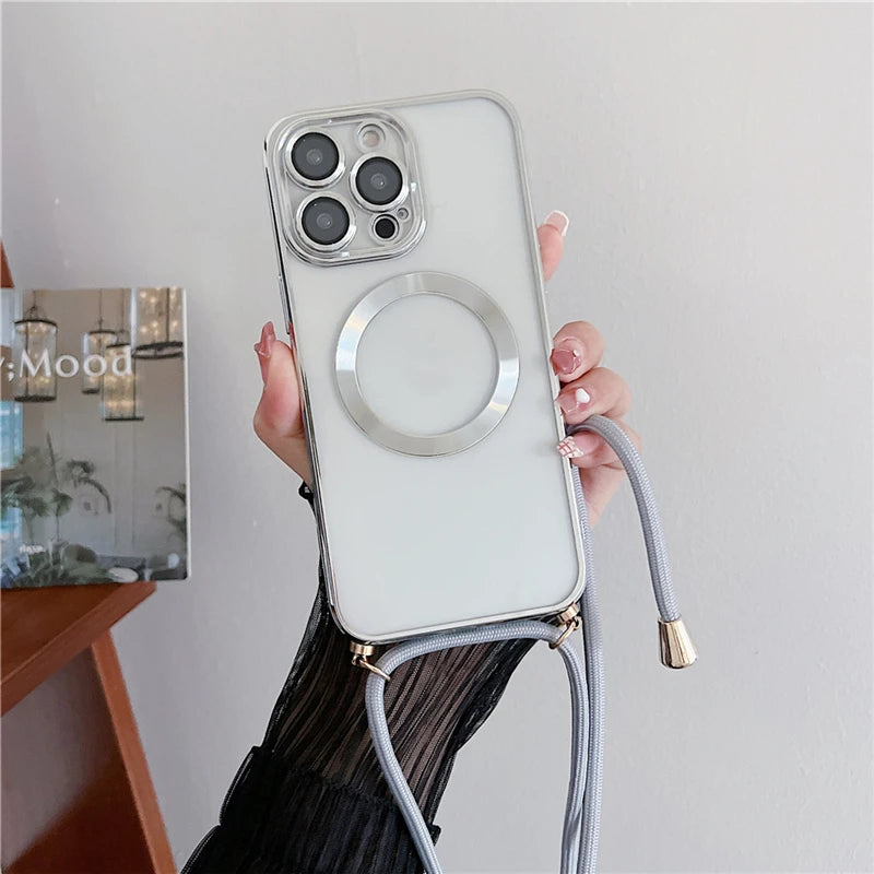 Plating Clear Magnetic For Magsafe Wireless Charging Cases For iPhone 17 16 15 14 12 13 Pro Max Crossbody Lanyard Necklace Cover