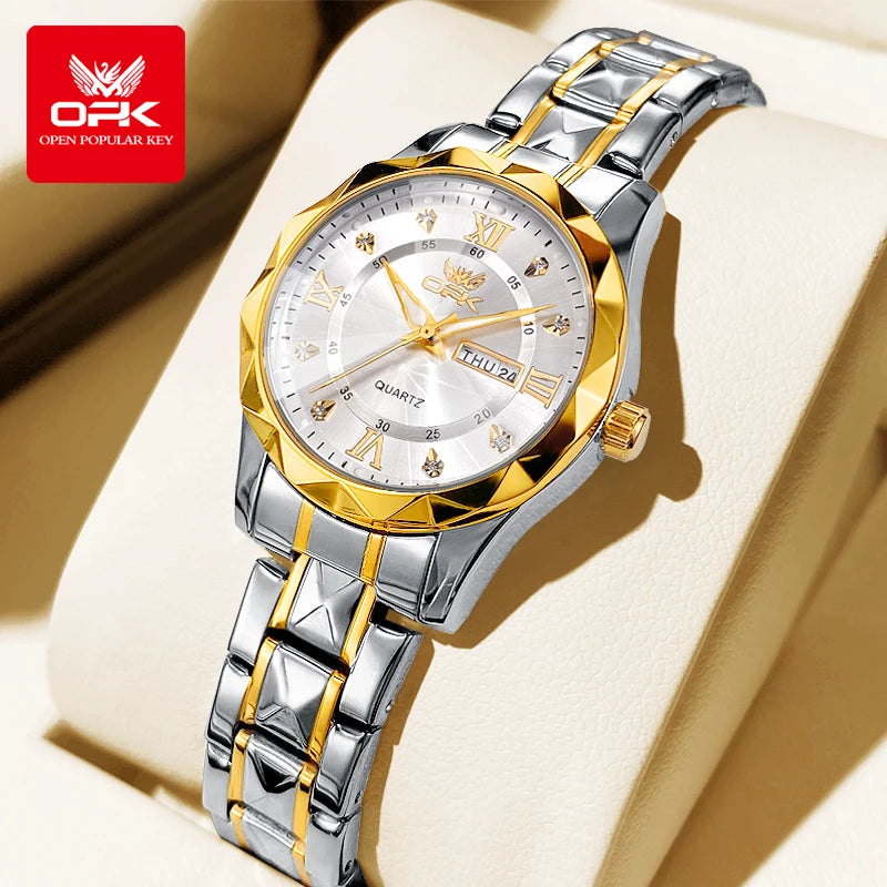 OPK Brand women's steel strip quartz watch dual calendar waterproof night light 6023