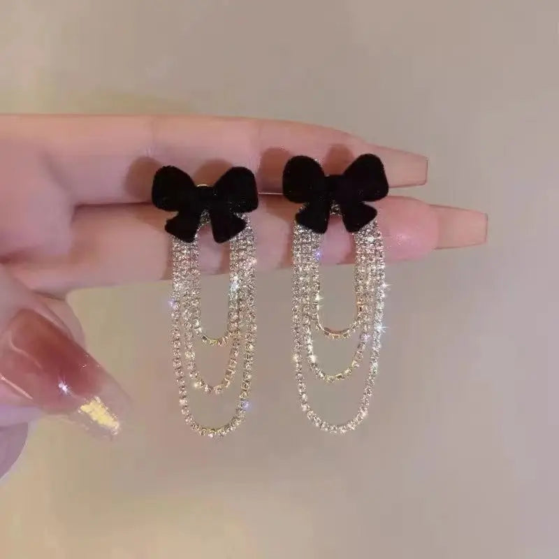 Light Luxury Rhinestone Tassel Flocked Bowknot Earrings Sweet Bow Earring For Women and Girls Party Fashion Jewelry Gifts