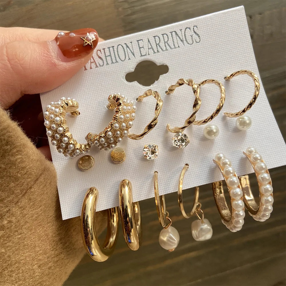 Gold Color Vintage Hoop Earrings Set for Women Boho Metal Circle Geometric Twist Pearl Dangle Earrings Trendy Jewelry Gifts 2023