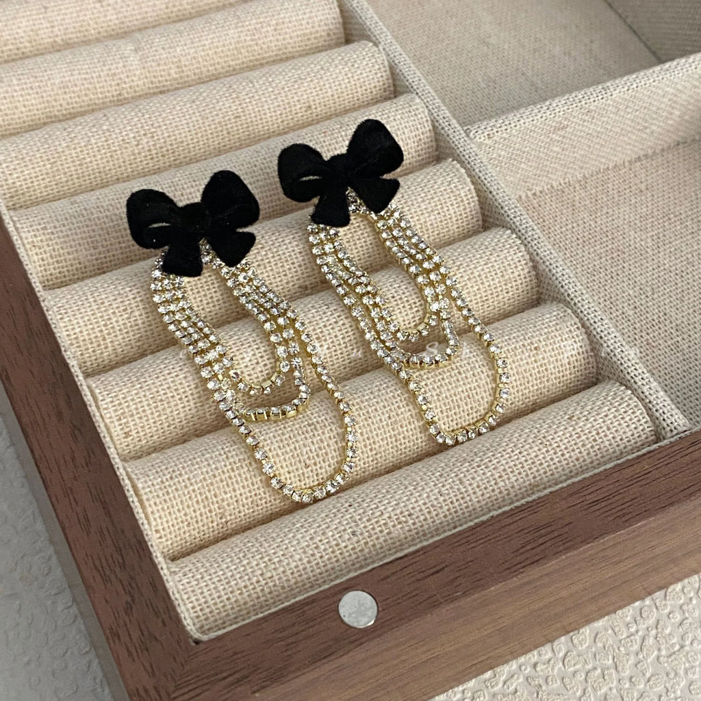 Light Luxury Rhinestone Tassel Flocked Bowknot Earrings Sweet Bow Earring For Women and Girls Party Fashion Jewelry Gifts