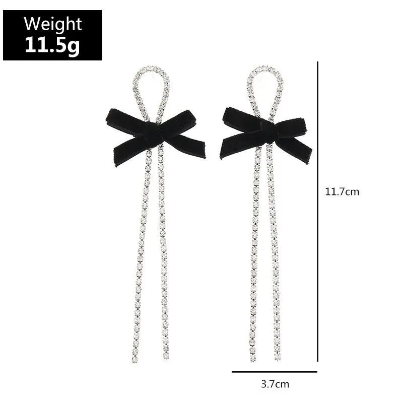 Long Bow Tassel Earrings Crystal Silver Color Drop Earrings for Women Girls Korean Cute Exaggerated Party Accessories