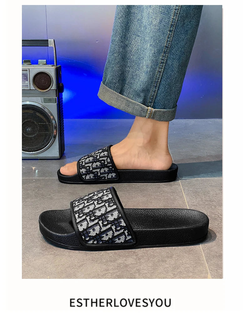 Men's Home Slippers Lightweight Summer New Style Flat and Worn Casual Retro Patterned Anti-slip Quick-drying Sandals