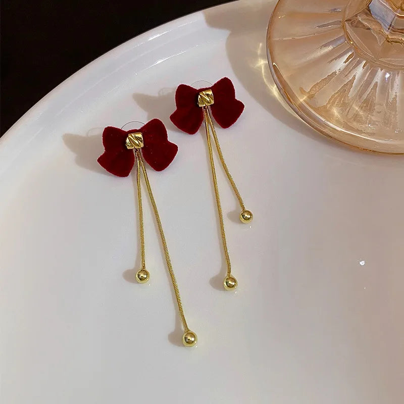 Light Luxury Rhinestone Tassel Flocked Bowknot Earrings Sweet Bow Earring For Women and Girls Party Fashion Jewelry Gifts