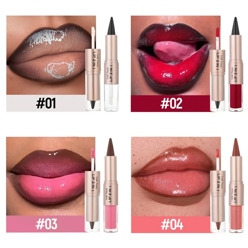 2 in1 Tapered Gradient Lipliner Pen Nude Brown Mirror Glass Lip Gloss Matte Lip Liner Waterproof Lip Contour Non Stick Makeup