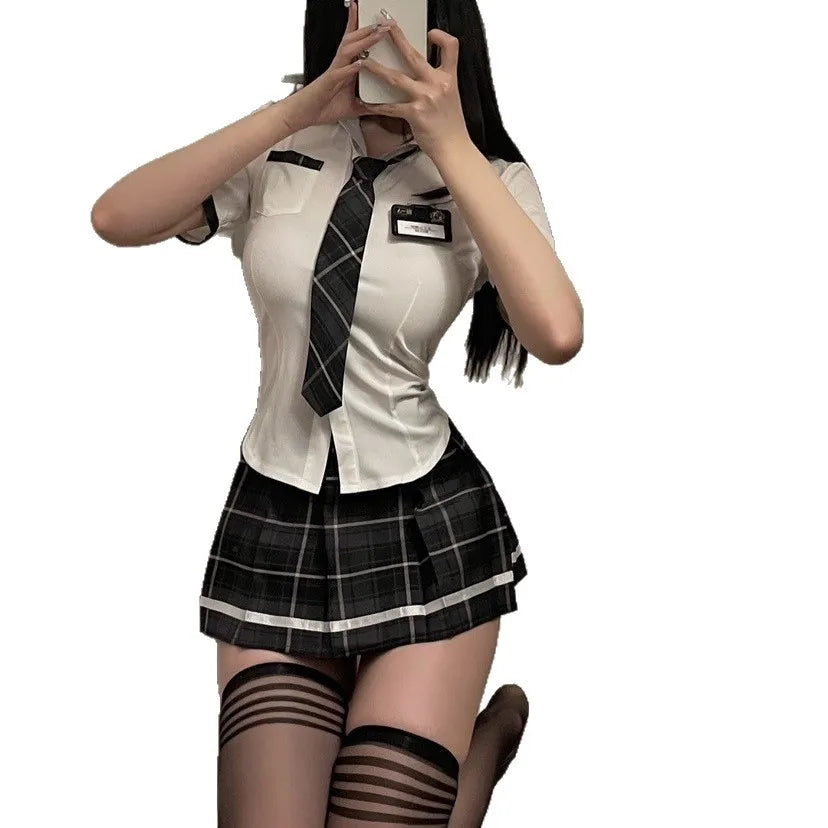 Sexy Jk Uniform Plaid Short Skirt with Bowtie Women's plus Size Polyester Blend Three Quarter Sleeve School Girl Style Dress