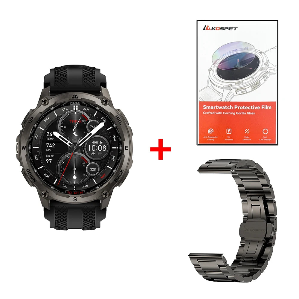 KOSPET Tank T4 Smart Watch for Men with 32GB Storage 6-Sat GPS Offline Maps 10ATM Waterproof Heart Rate Diving Skiing Hiking