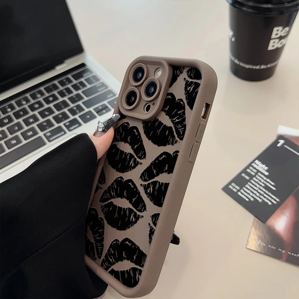 Black Lips Kiss Print Soft Matte Phone Case For iPhone 13 Case iPhone 15 16 14 13 11 12 17 Pro Max 16e XR 7 8 Plus SE Back Cover