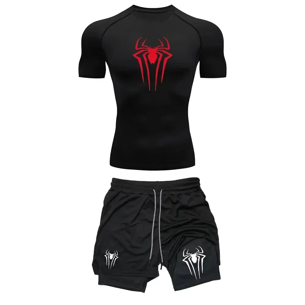 Men's Spider Graphic Workout Set Compression Top & Shorts | Quick Dry Gym Running Fitness outfit ZY0023