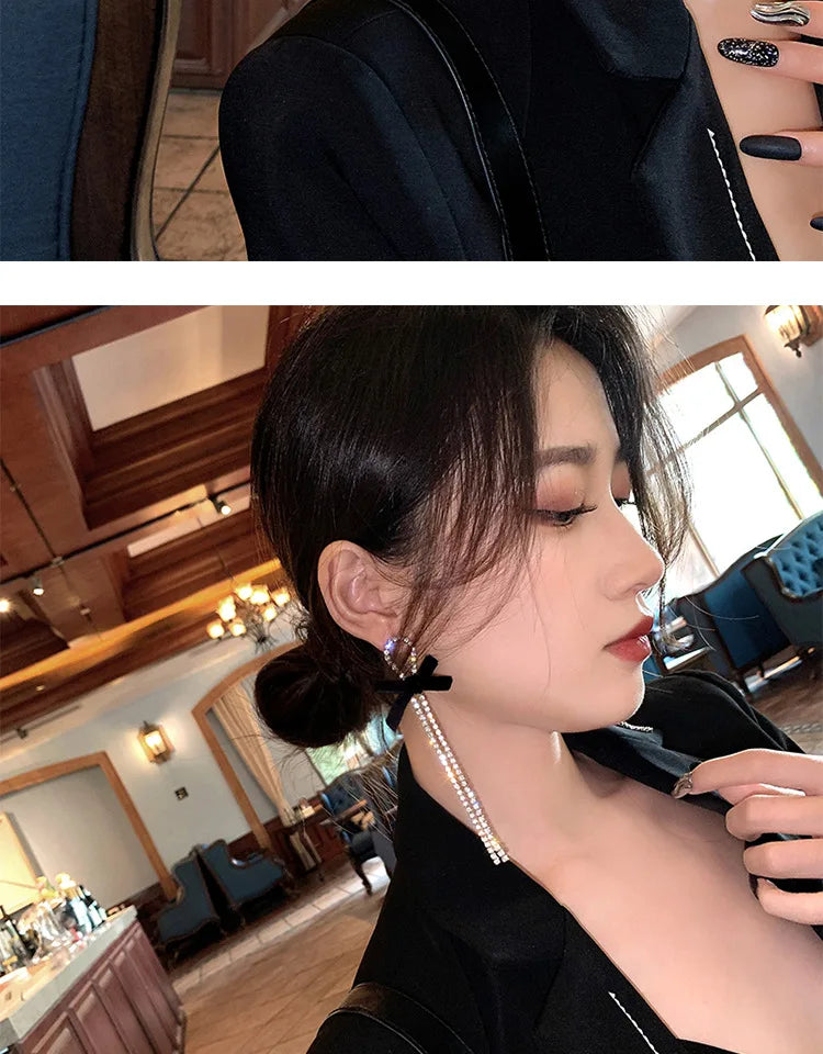 Kiss Jewelry Korean Fashion Black Velvet Bow Long Rhinestone Tassel Earrings for Women Luxury Wedding Shiny Drop Earring Gift