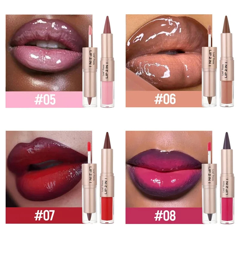 2 in1 Tapered Gradient Lipliner Pen Nude Brown Mirror Glass Lip Gloss Matte Lip Liner Waterproof Lip Contour Non Stick Makeup