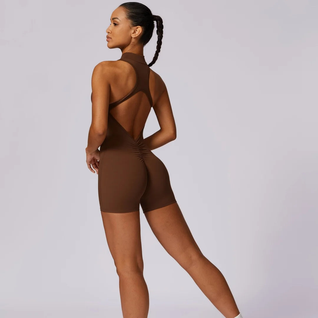 Solid color Backless Back Waist Scrunch Yoga Jumpsuit Short Set Women Zipper Sportswear Fitness One Piece Sports Suit Workout