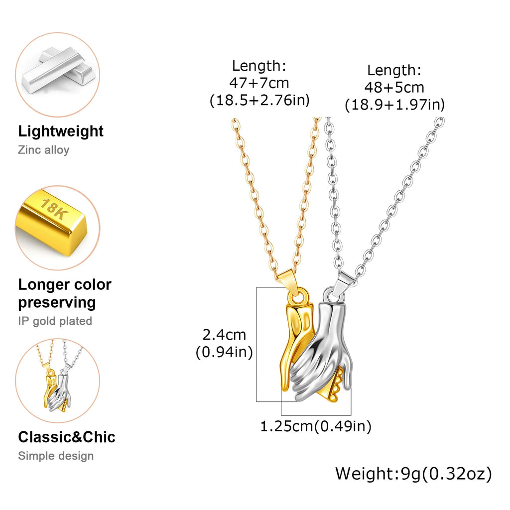 Creative Magnetic Clasp Hold Hand Pendant Necklace, Stainless Steel Hand in Hand Couples Necklace for Lover Valentine's Day Gift