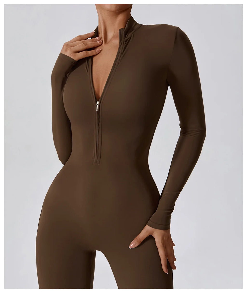 Women's Jumpsuits One-Piece Suit Zipper Long Sleeved Yoga Set Gym Push Up Workout Clothes Fitness Bodysuit Sportswear Tracksuit