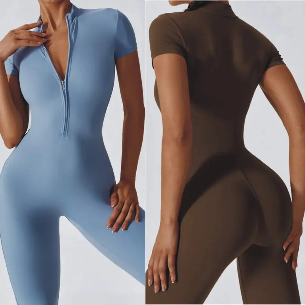 Naked zipper short sleeved yoga suit jumpsuit, quick drying breathable outdoor sports tight fitting jumpsuit, fitness suit