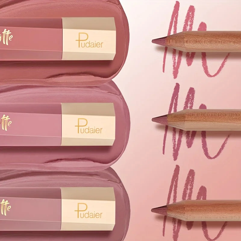 Lip Liner Pencil and Lip Gloss Combo, Velvet Finish Nude Lip Color, Waterproof Non Transfer Non Stick Cup, Long Wear Moisturizin
