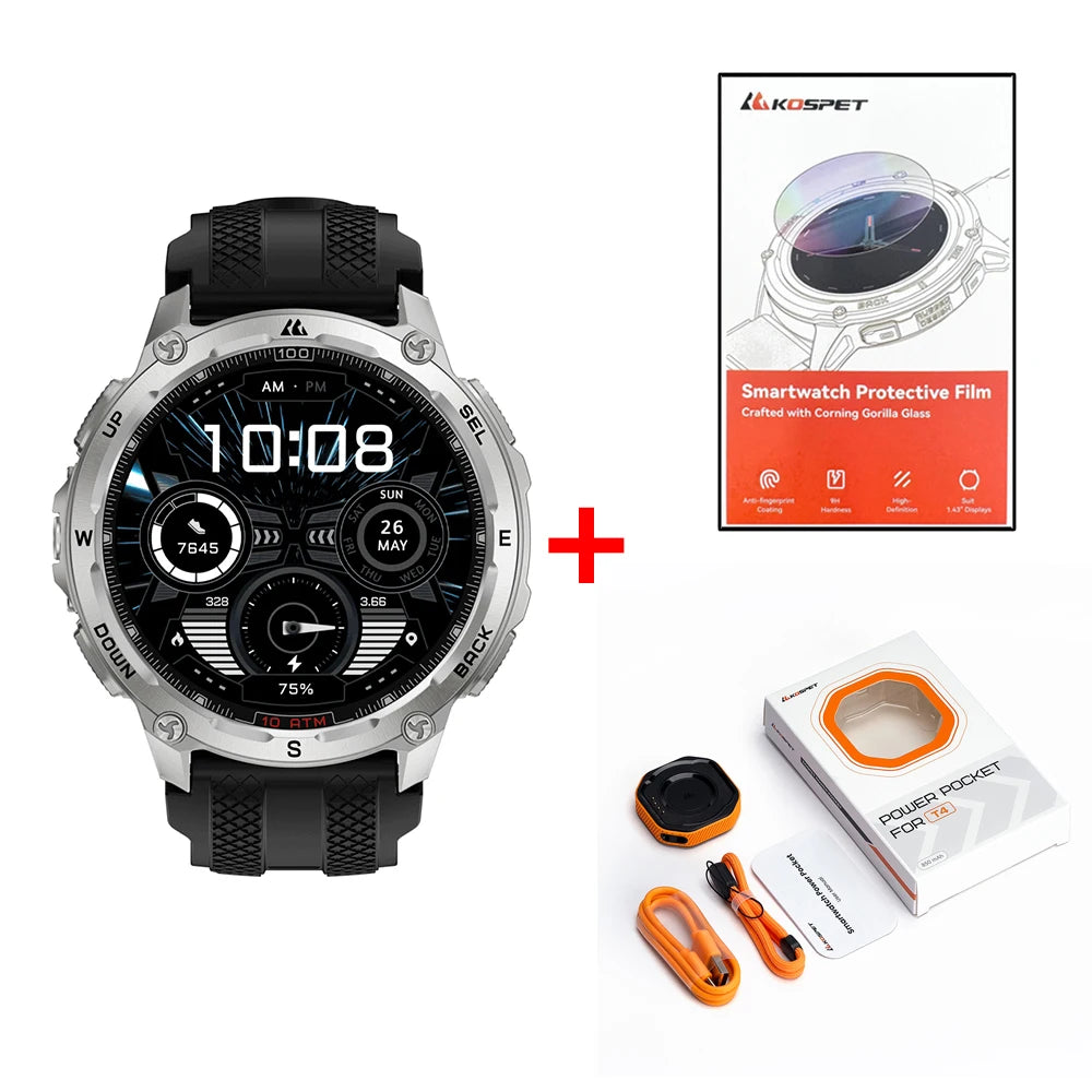 KOSPET Tank T4 Smart Watch for Men with 32GB Storage 6-Sat GPS Offline Maps 10ATM Waterproof Heart Rate Diving Skiing Hiking