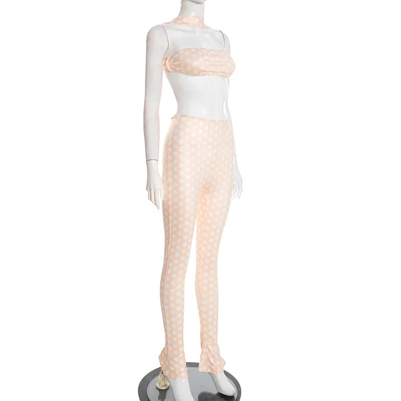FAGADOER Fashion Polka Dot Print Two Piece Sets Women Sleeveless Backless Tube And Skinny Pants Outfits Sexy Trend Streetwear