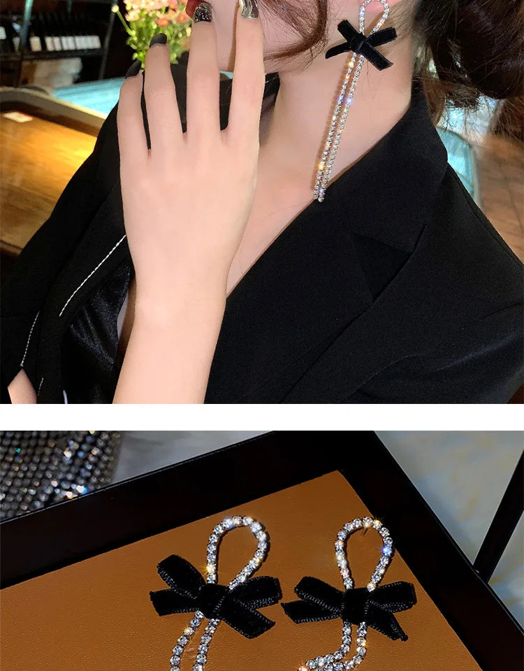 Kiss Jewelry Korean Fashion Black Velvet Bow Long Rhinestone Tassel Earrings for Women Luxury Wedding Shiny Drop Earring Gift