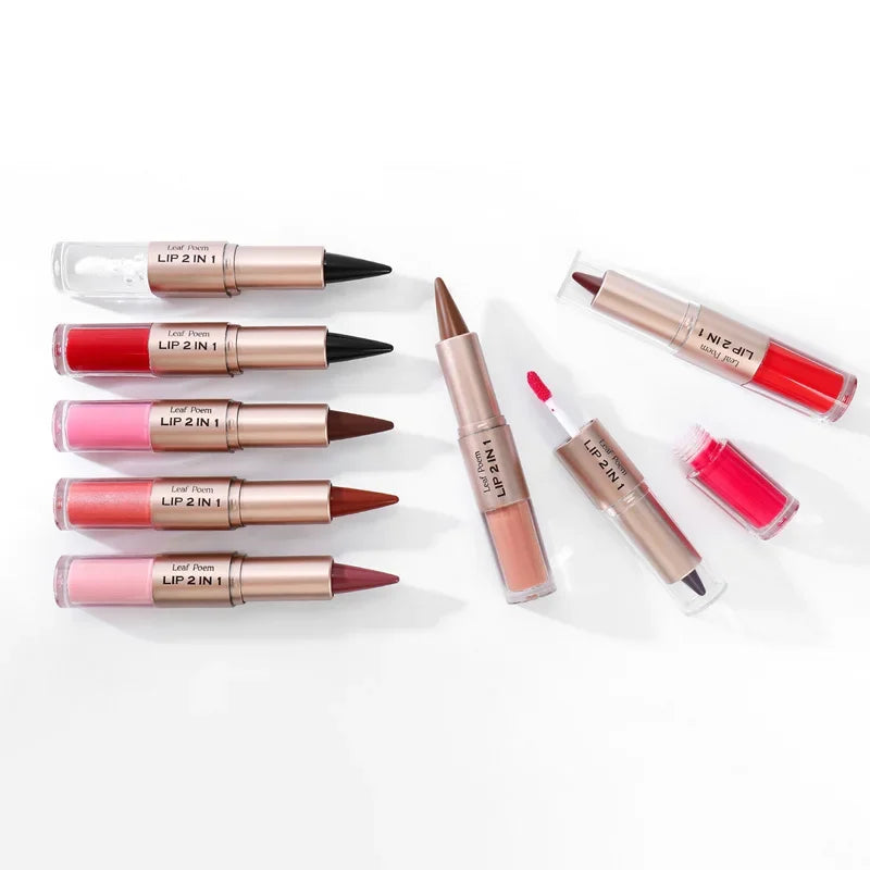 2 in1 Tapered Gradient Lipliner Pen Nude Brown Mirror Glass Lip Gloss Matte Lip Liner Waterproof Lip Contour Non Stick Makeup