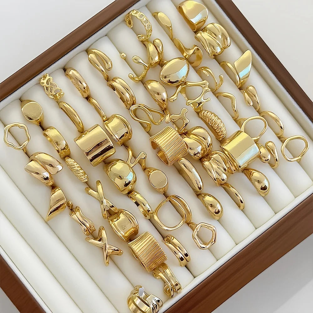 14/15 Pieces of Fashionable, Simple, Elegant, Exquisite, Retro Design, Irregular Shape, Liquid Geometric, Wide, Exaggerated, Sexy, Chubby Rings, Multi-Piece Set, Holiday, Vacation, Party, Date Gift, Daily Wear
